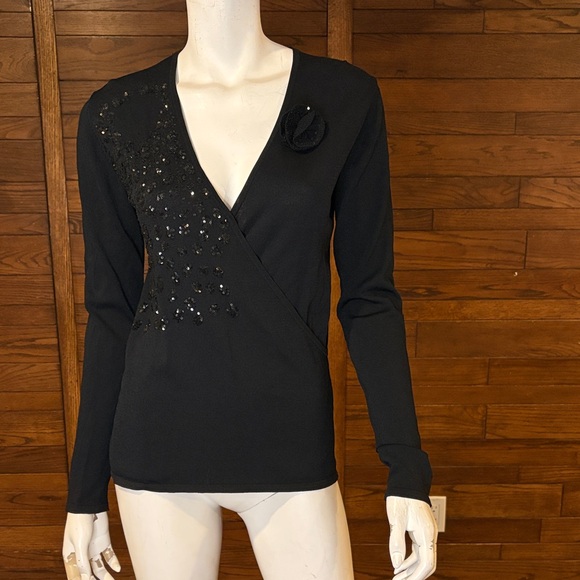 Sigrid Olsen Sweaters - Sigrid Olsen Black Embellished V-Neck Wrap Top